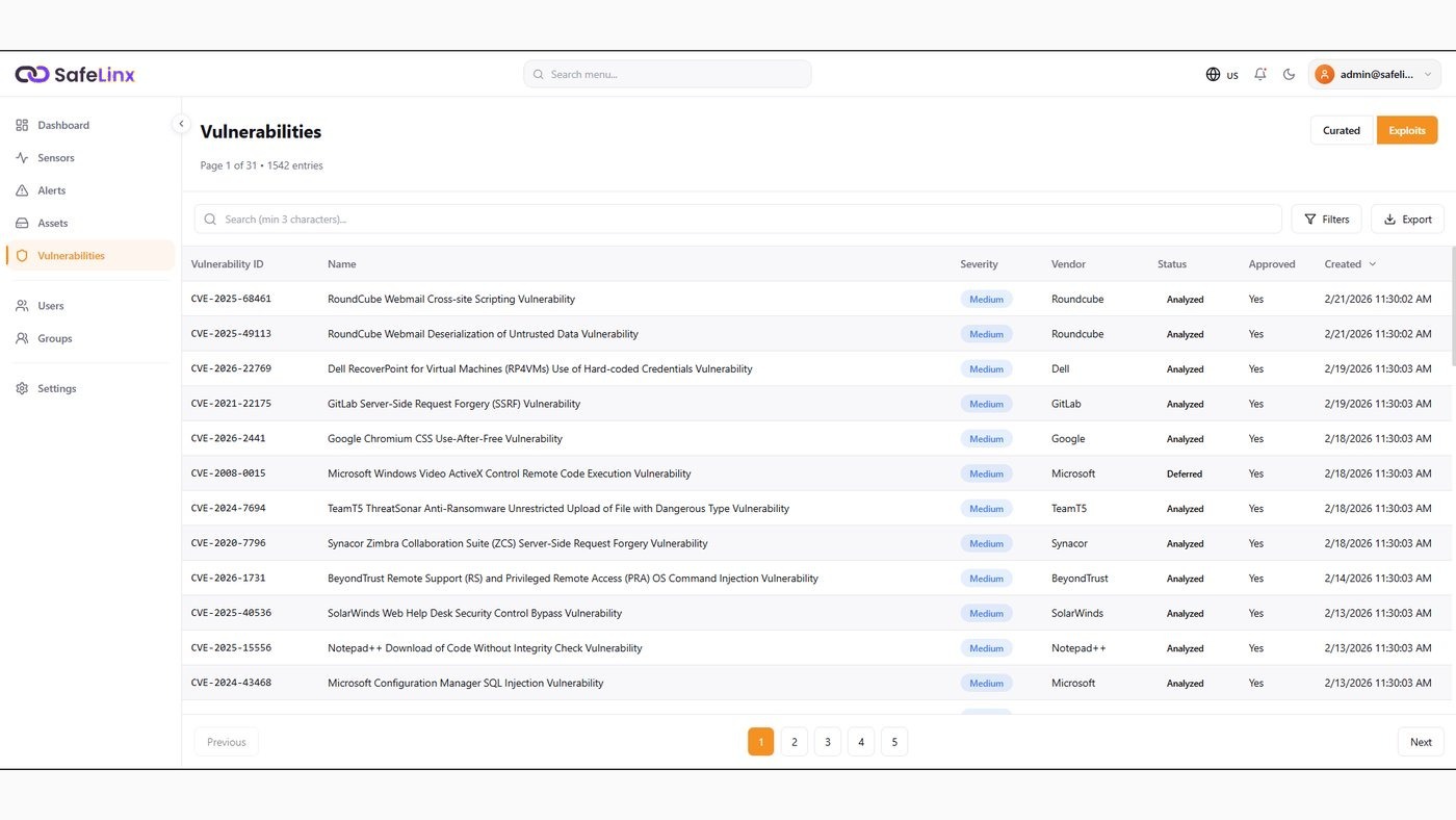 SafeLinx vulnerability management list view